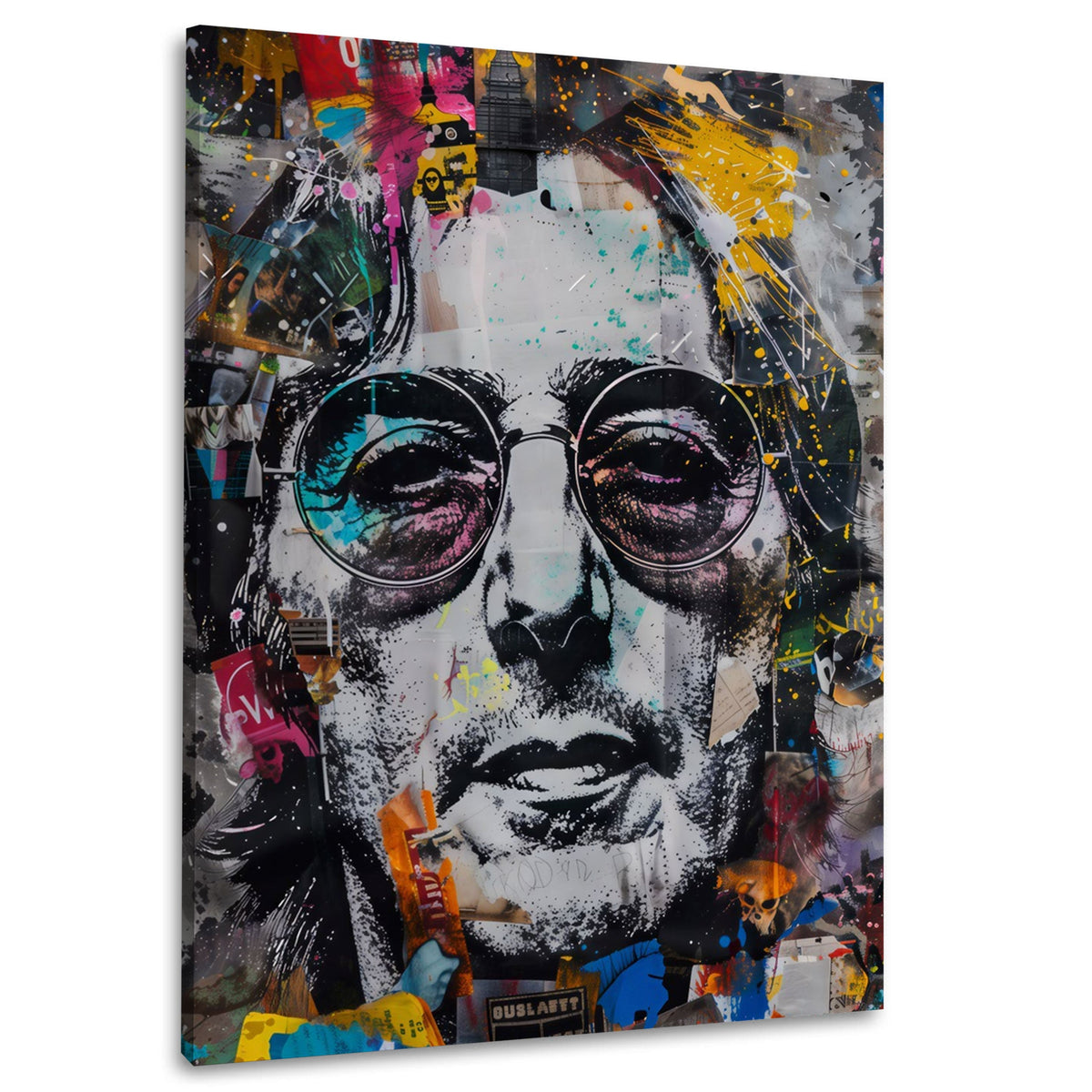 Lennon con occhiali tondi in collage street art colorato quadro