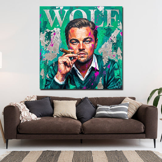 Quadro Leo Wolf ritratto verde Pop Art in soggiorno