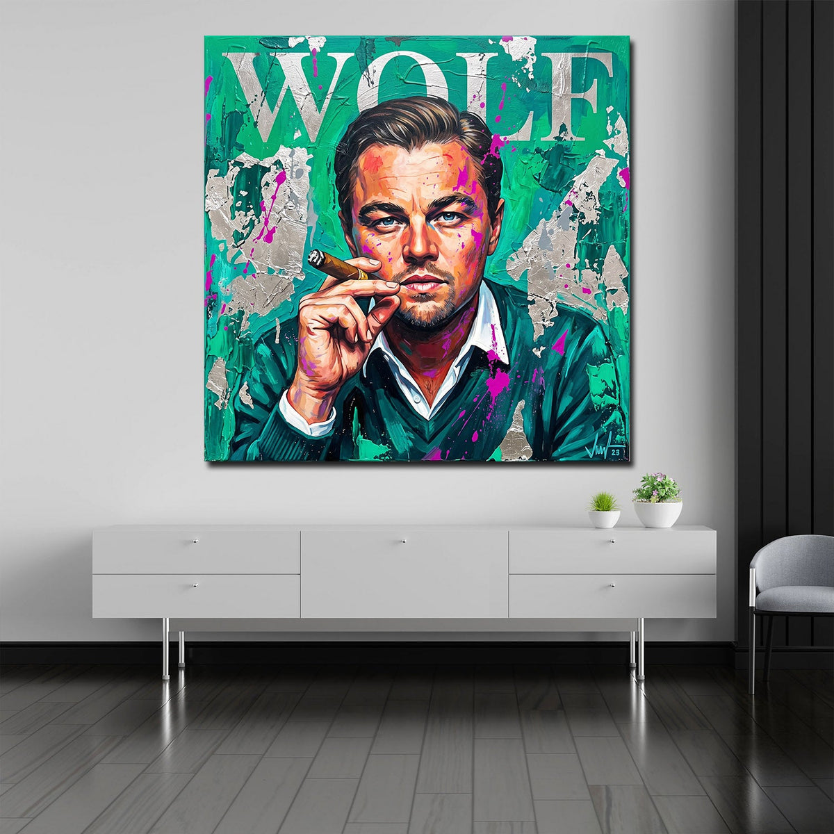 Quadro quadrato ritratto Wolf Street Art appeso in ufficio