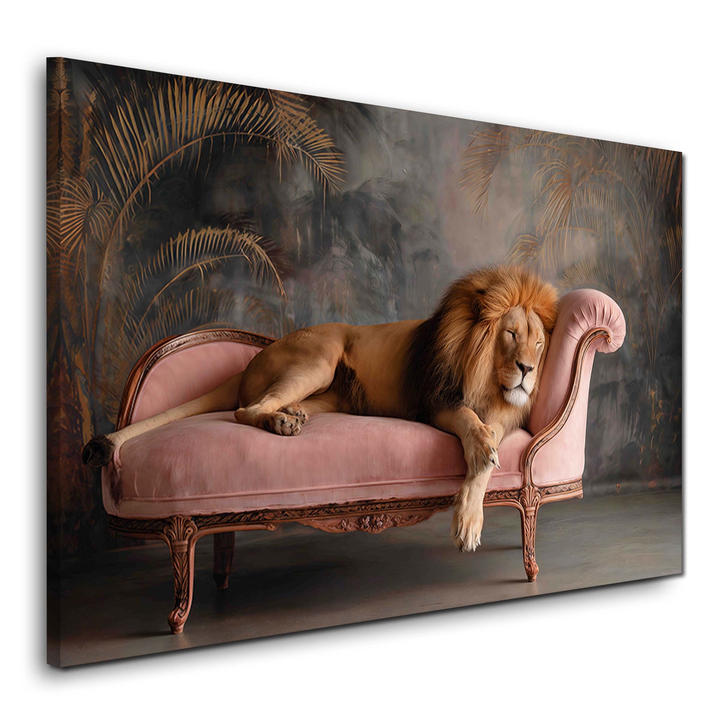 Leone addormentato su divano velluto rosa interno elegante quadro