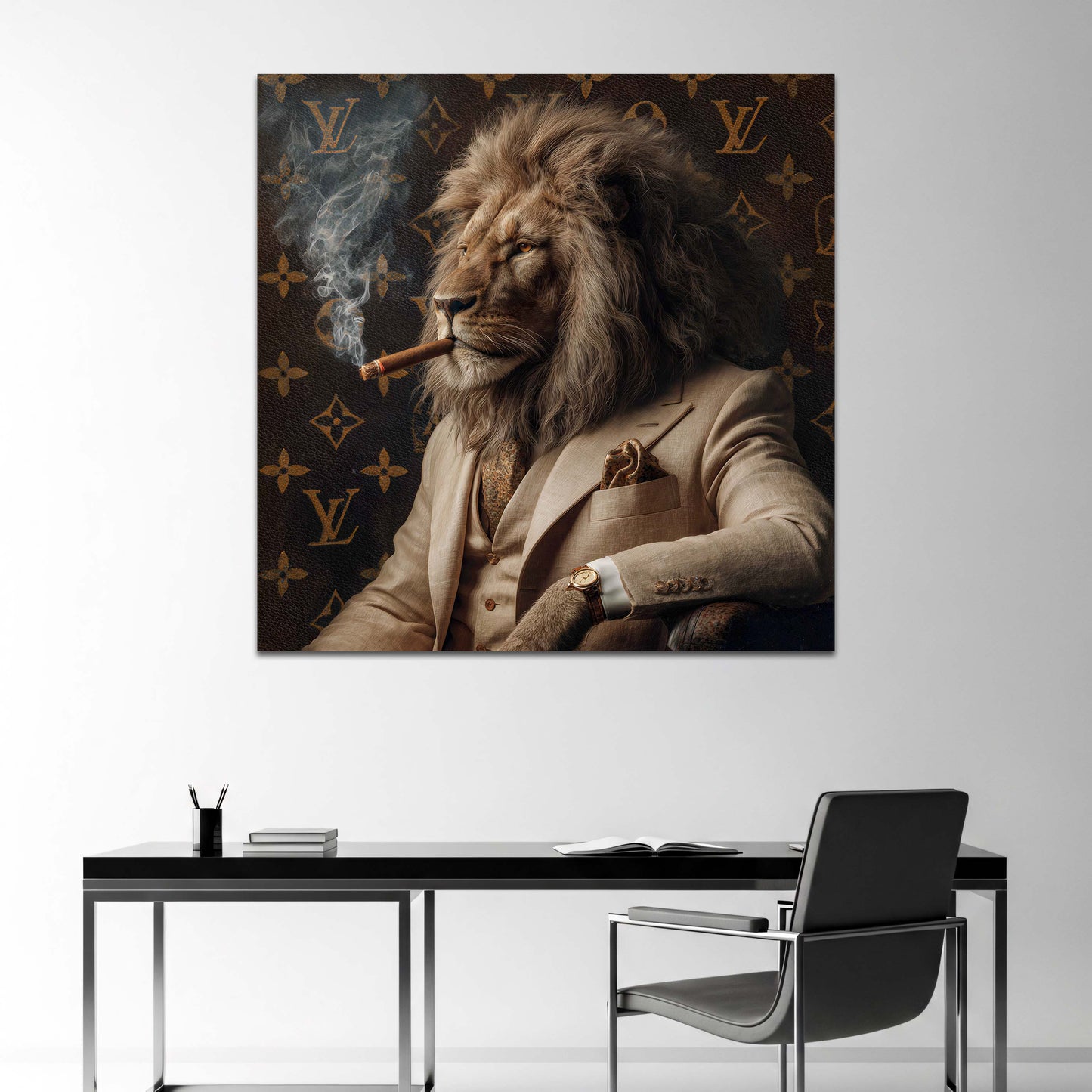 Leone con sigaro abito di lusso ritratto elegante quadro