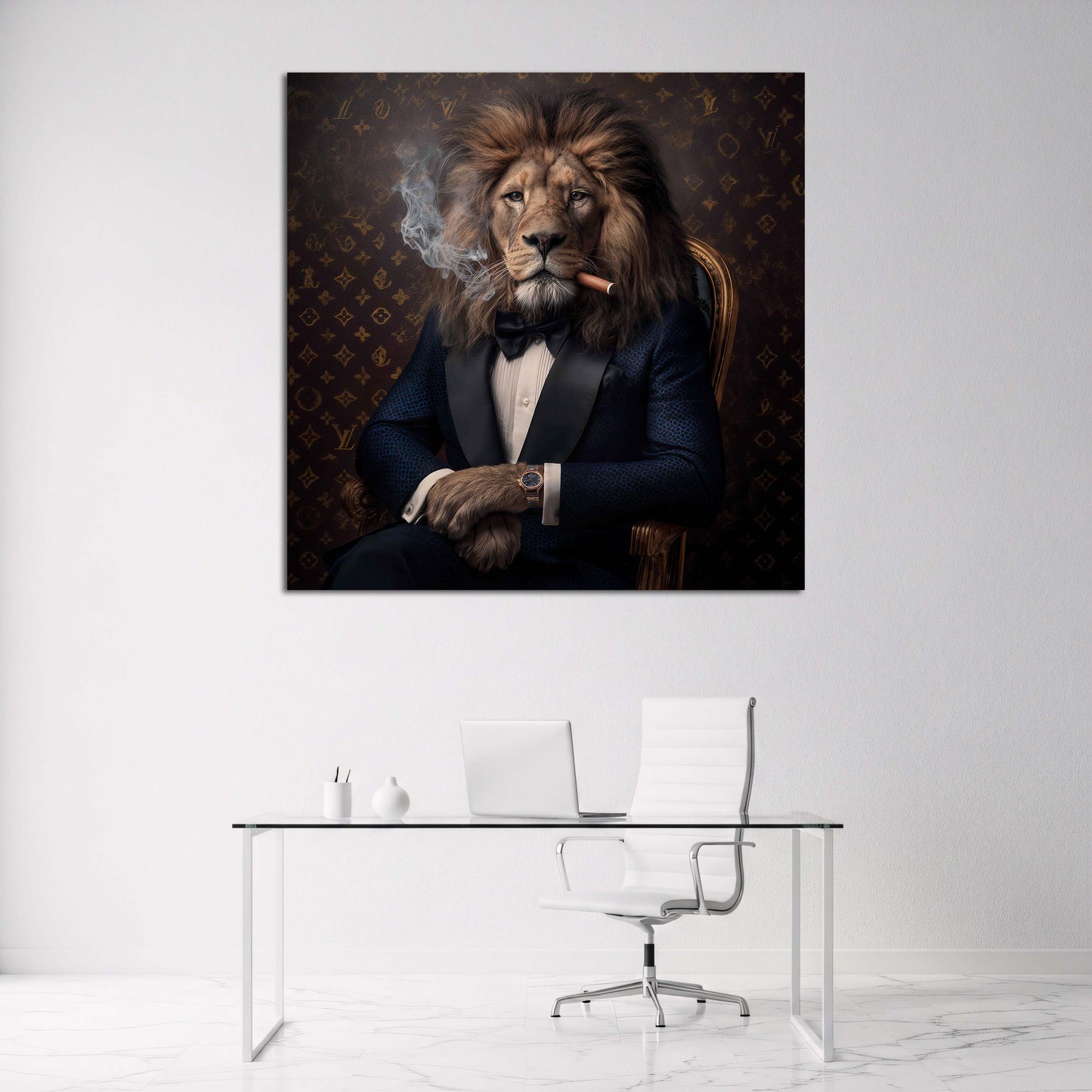 Leone elegante in smoking con sigaro ritratto di lusso quadro