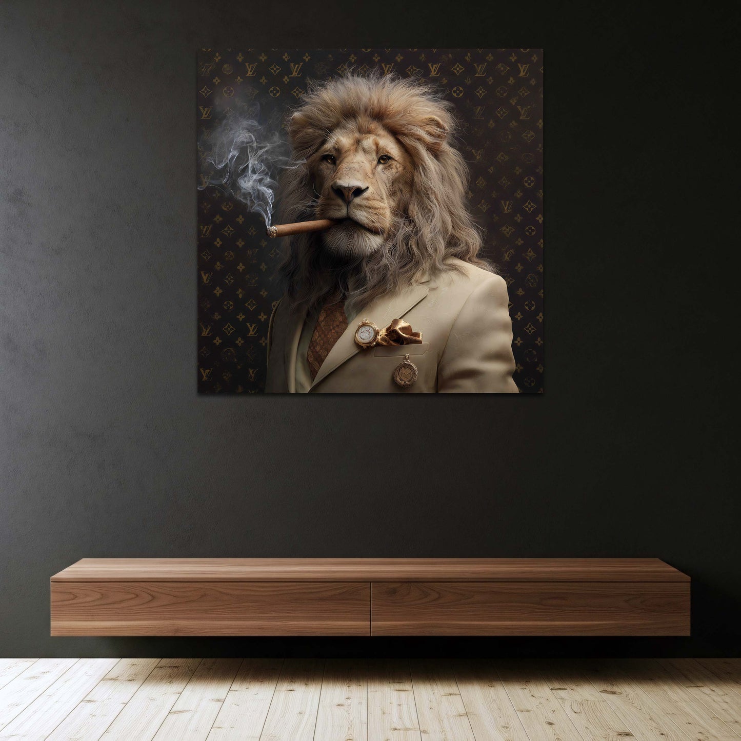 Leone in abito elegante con sigaro sfondo oro lusso quadro
