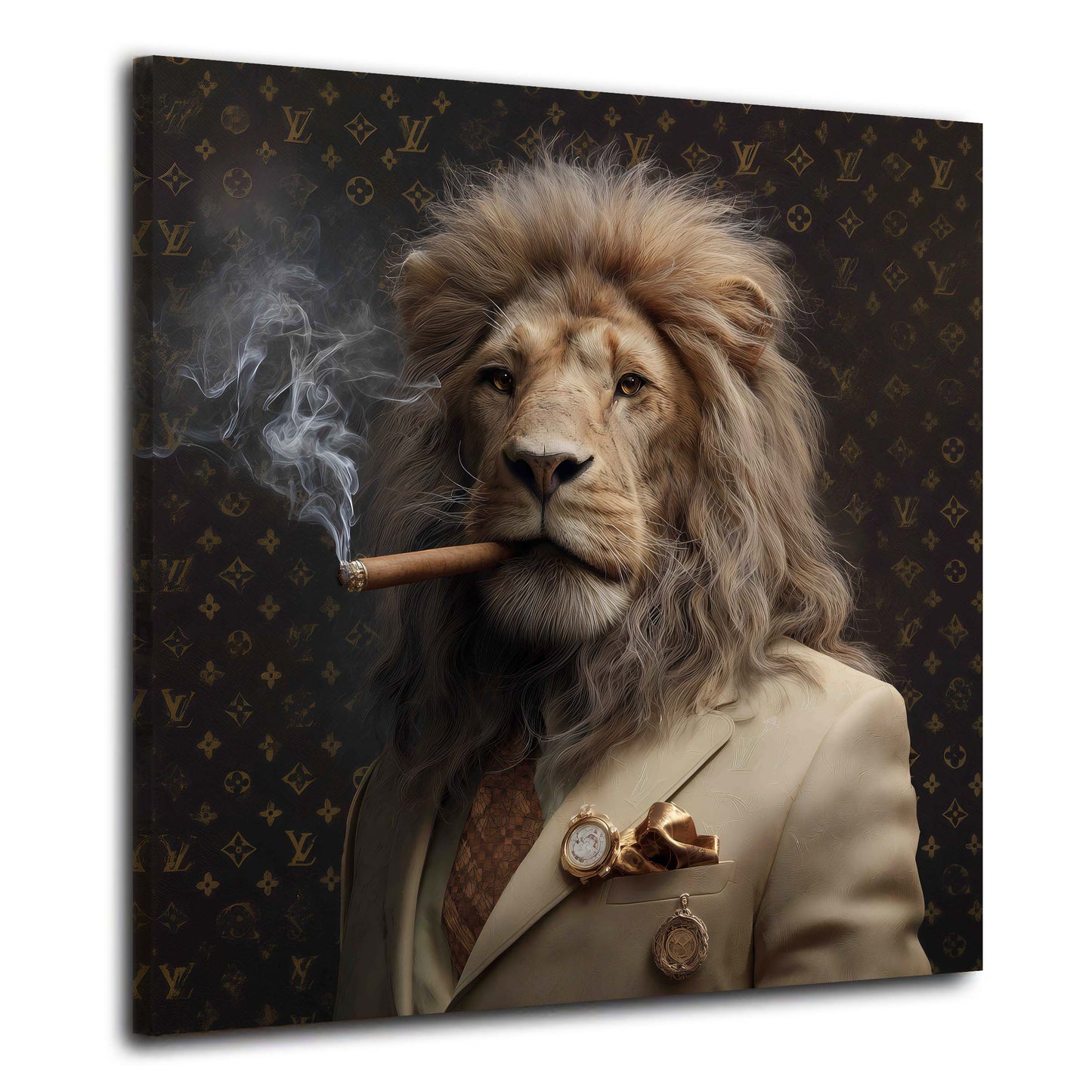 Leone in abito elegante con sigaro sfondo oro lusso quadro