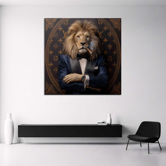 Leone in smoking con sigaro ritratto lusso elegante quadro