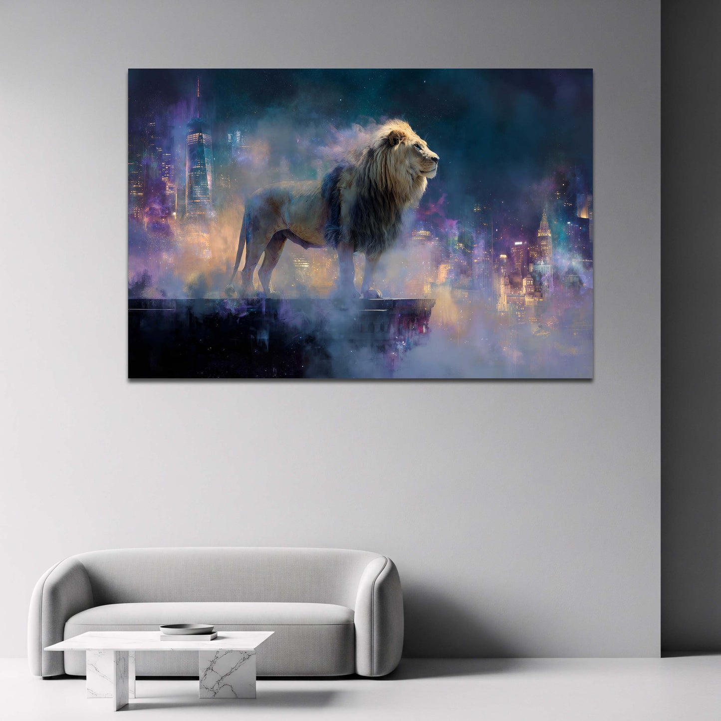 Leone mistico sul tetto con skyline di New York notturno quadro