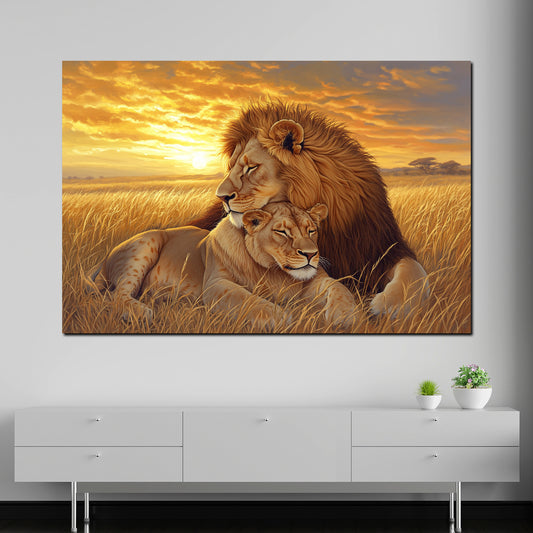 Leoni tramonto amore coppia savana quadro