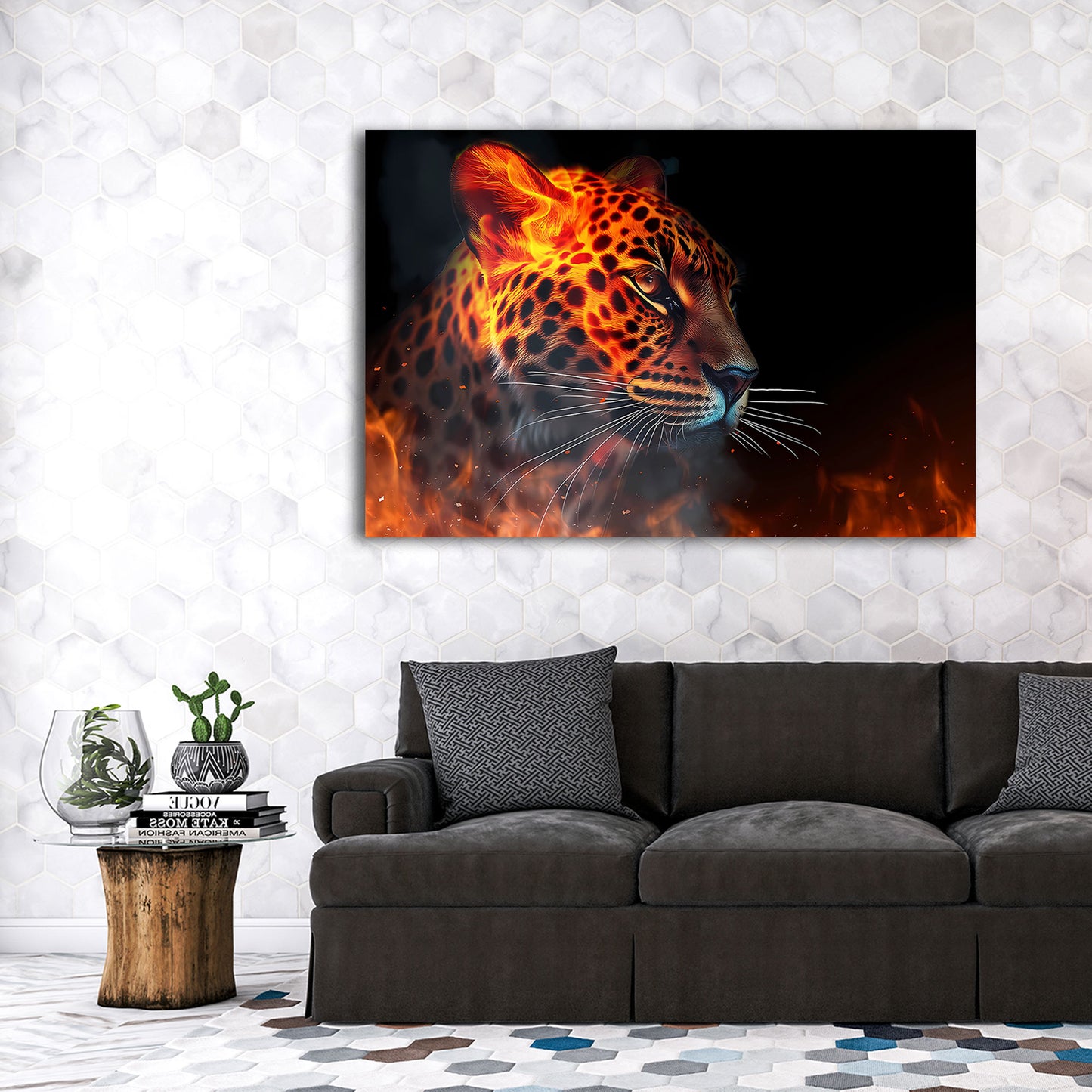 Leopardo fuoco ritratto arte animale quadro