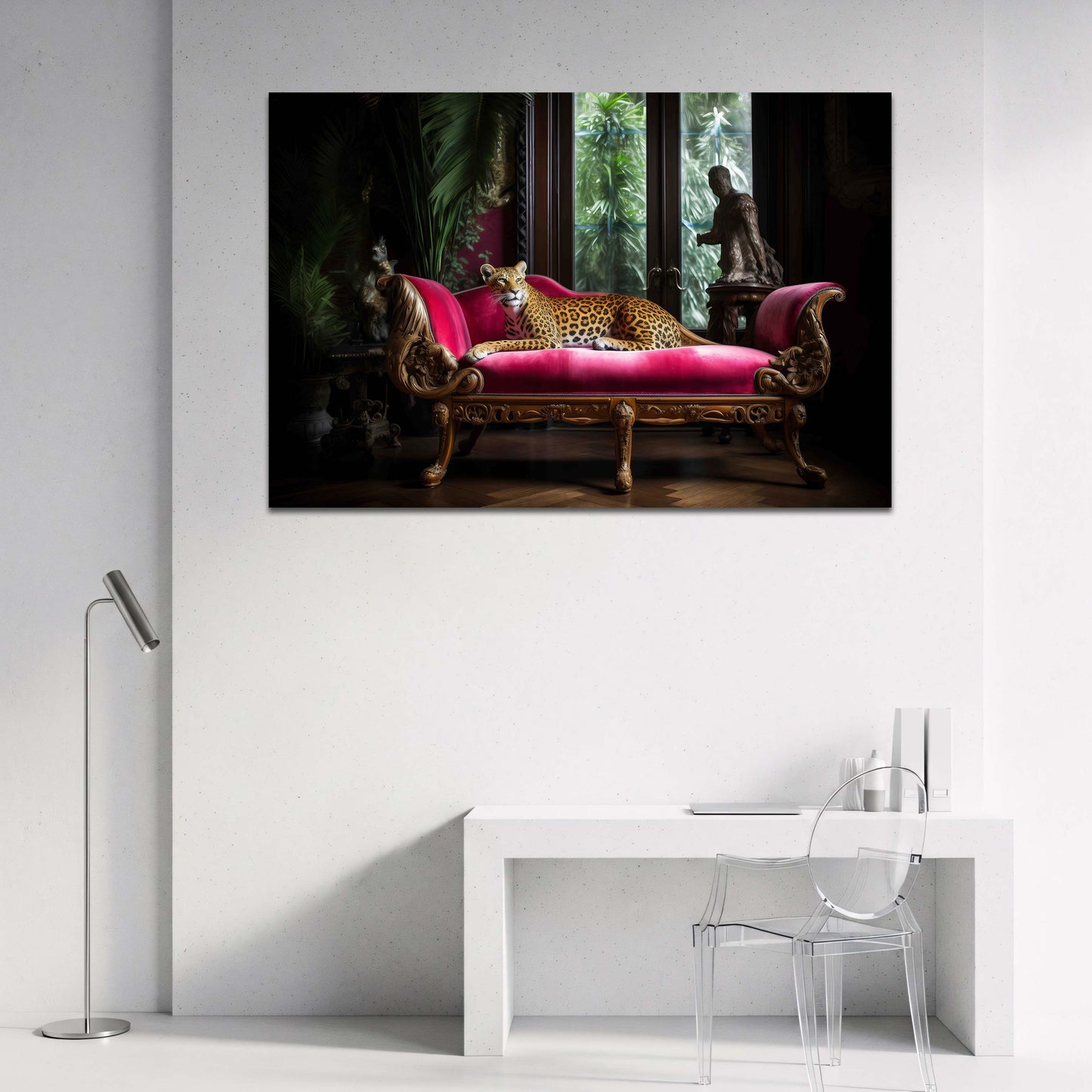 Leopardo su divano salotto elegante animale esotico quadro