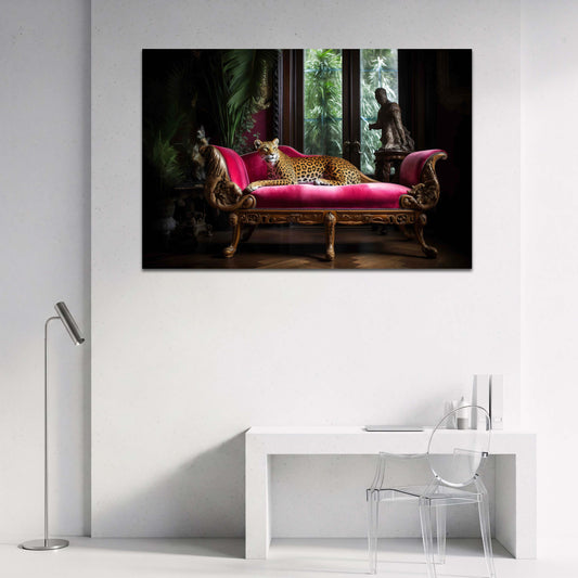 Leopardo su divano salotto elegante animale esotico quadro