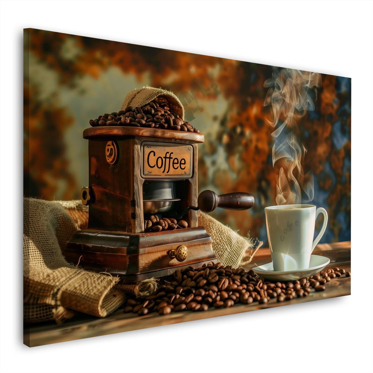 Macinacaffè con tazza e chicchi in stile vintage quadro