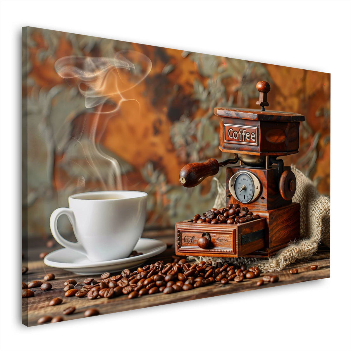 Macinacaffè e tazza con chicchi di caffè freschi quadro