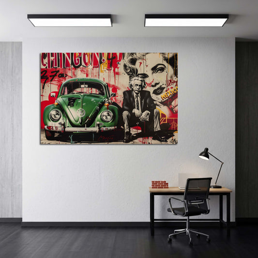 Maggiolino verde street art con ritratto iconico e graffiti quadro