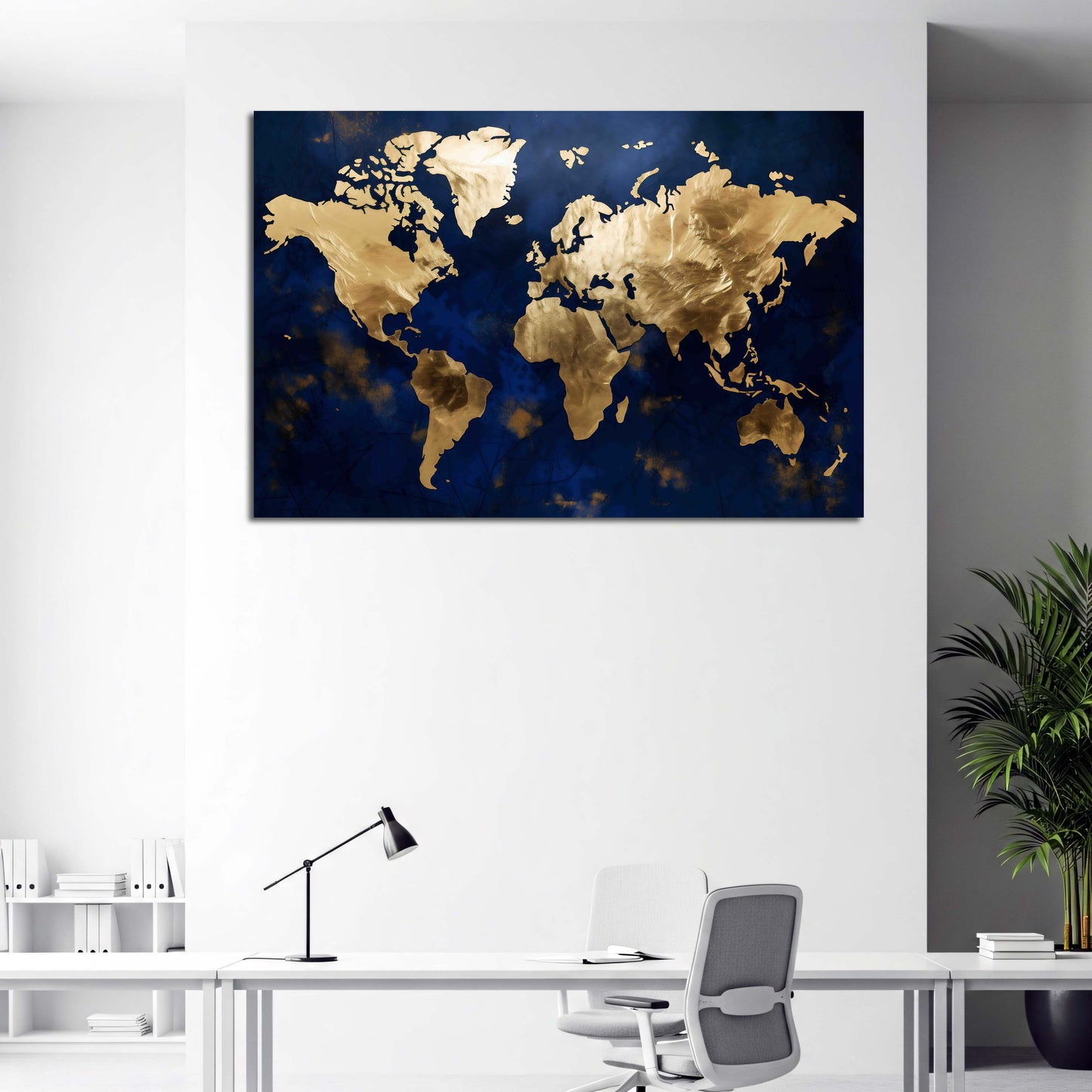Mappa del mondo astratta blu con terre dorate moderno quadro