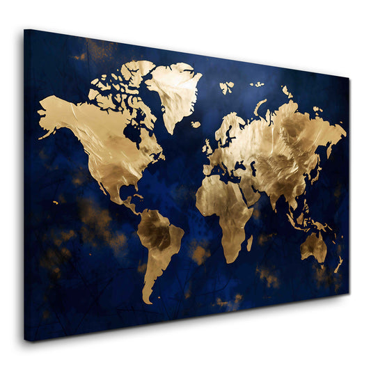 Mappa del mondo astratta blu con terre dorate moderno quadro