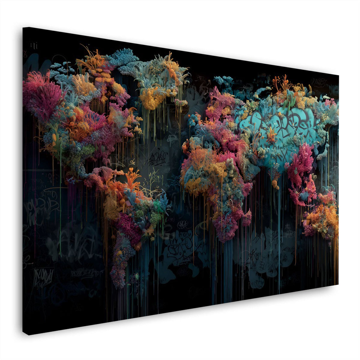 Mappa del mondo di coralli colorati su fondo nero astratta quadro