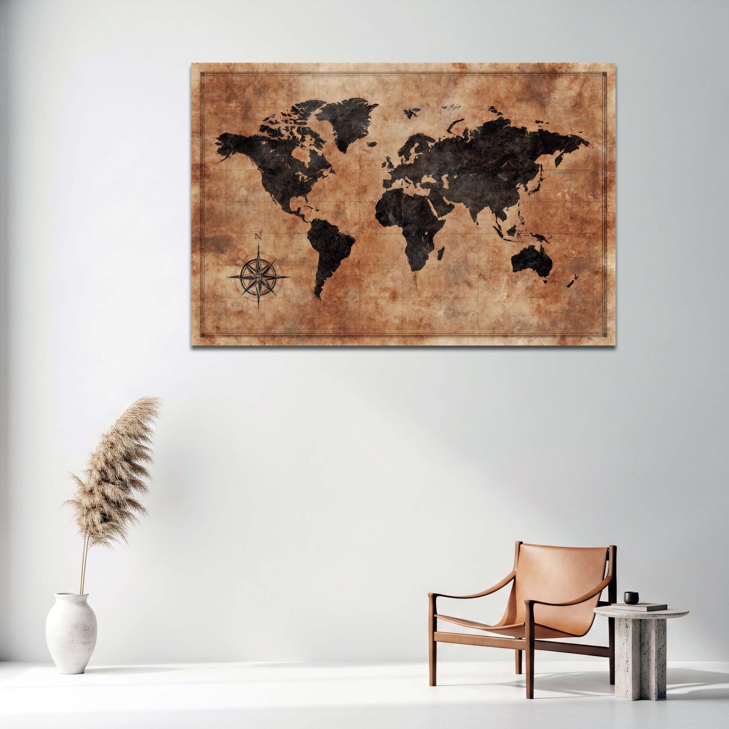 Mappa del mondo marrone in stile vintage antico con bussola quadro