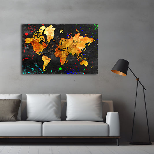 Mappa del mondo oro sfondo nero arte astratta quadro