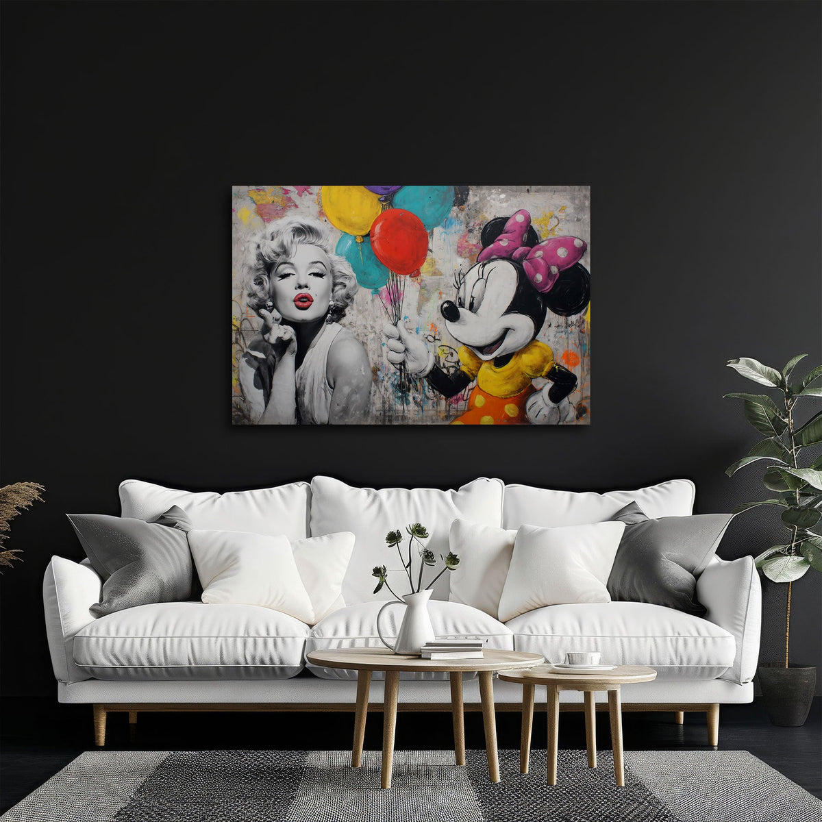 Marilyn in bianco e nero con topolina e palloncini graffiti quadro