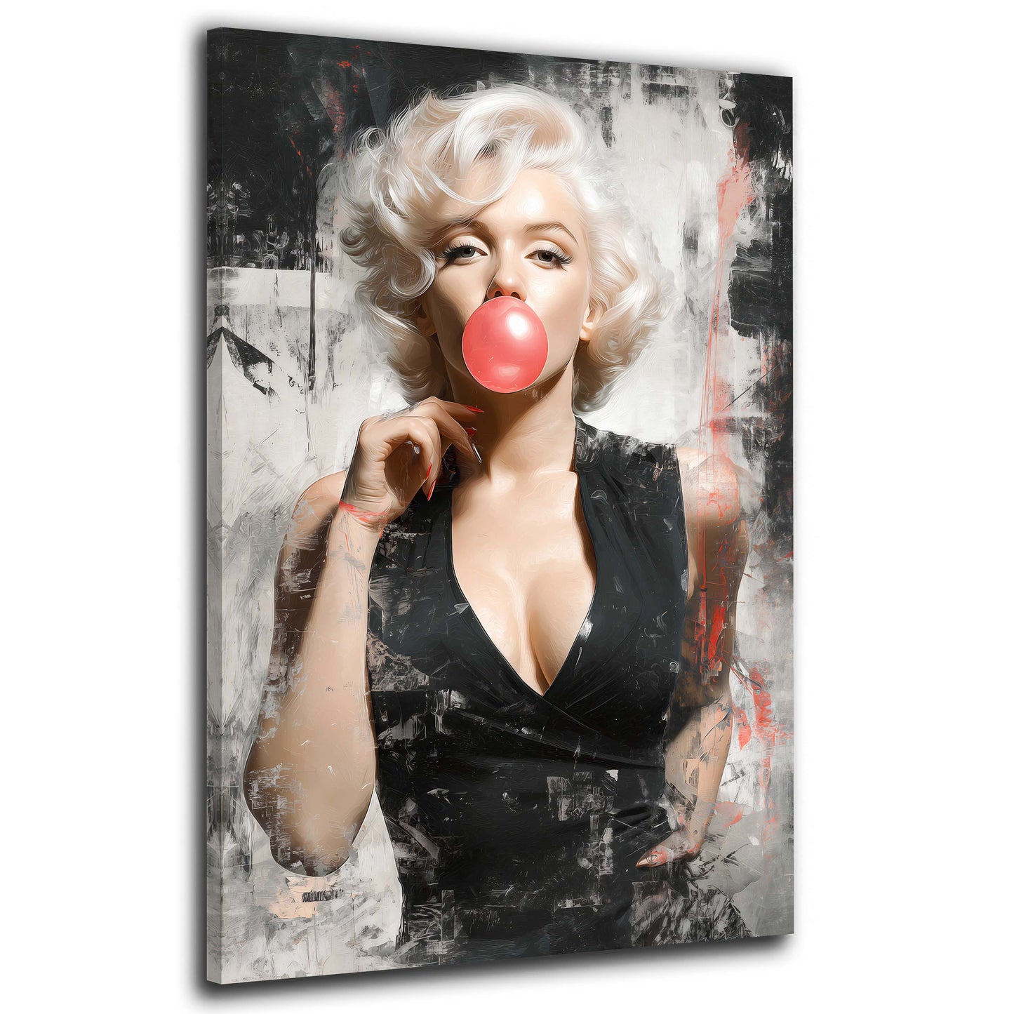 Marilyn Monroe con bolla di gomma rosa e accenti rossi quadro