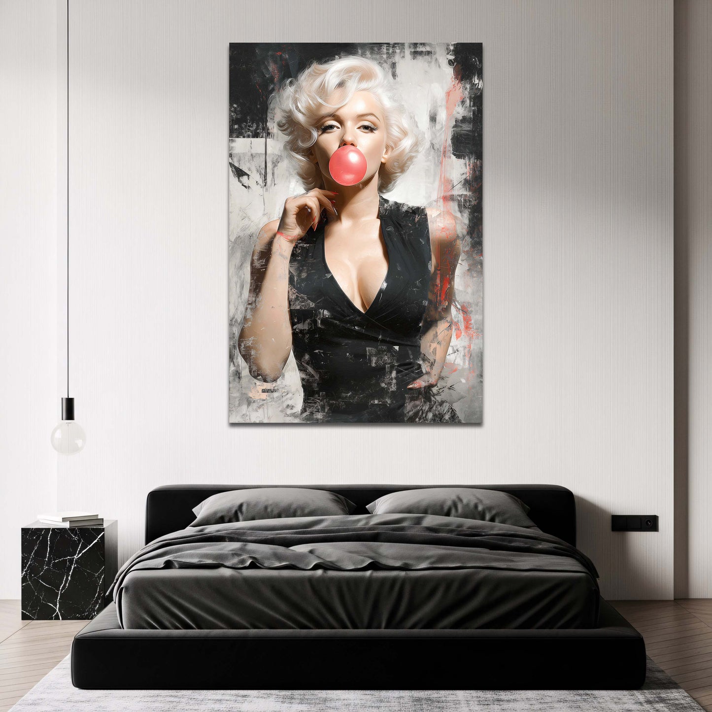 Marilyn Monroe con bolla di gomma rosa e accenti rossi quadro