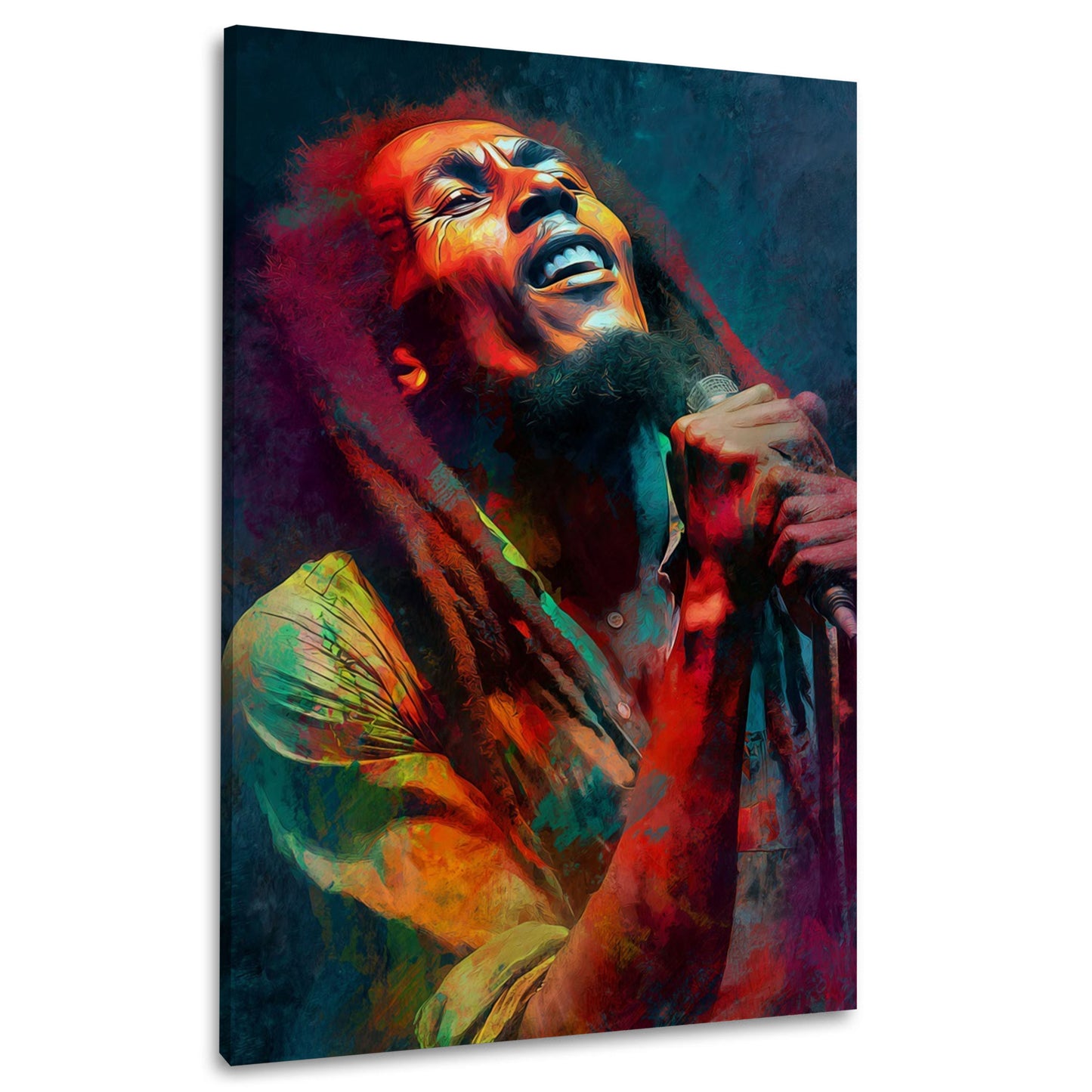 Marley cantante reggae microfono dreadlocks ritratto performance quadro