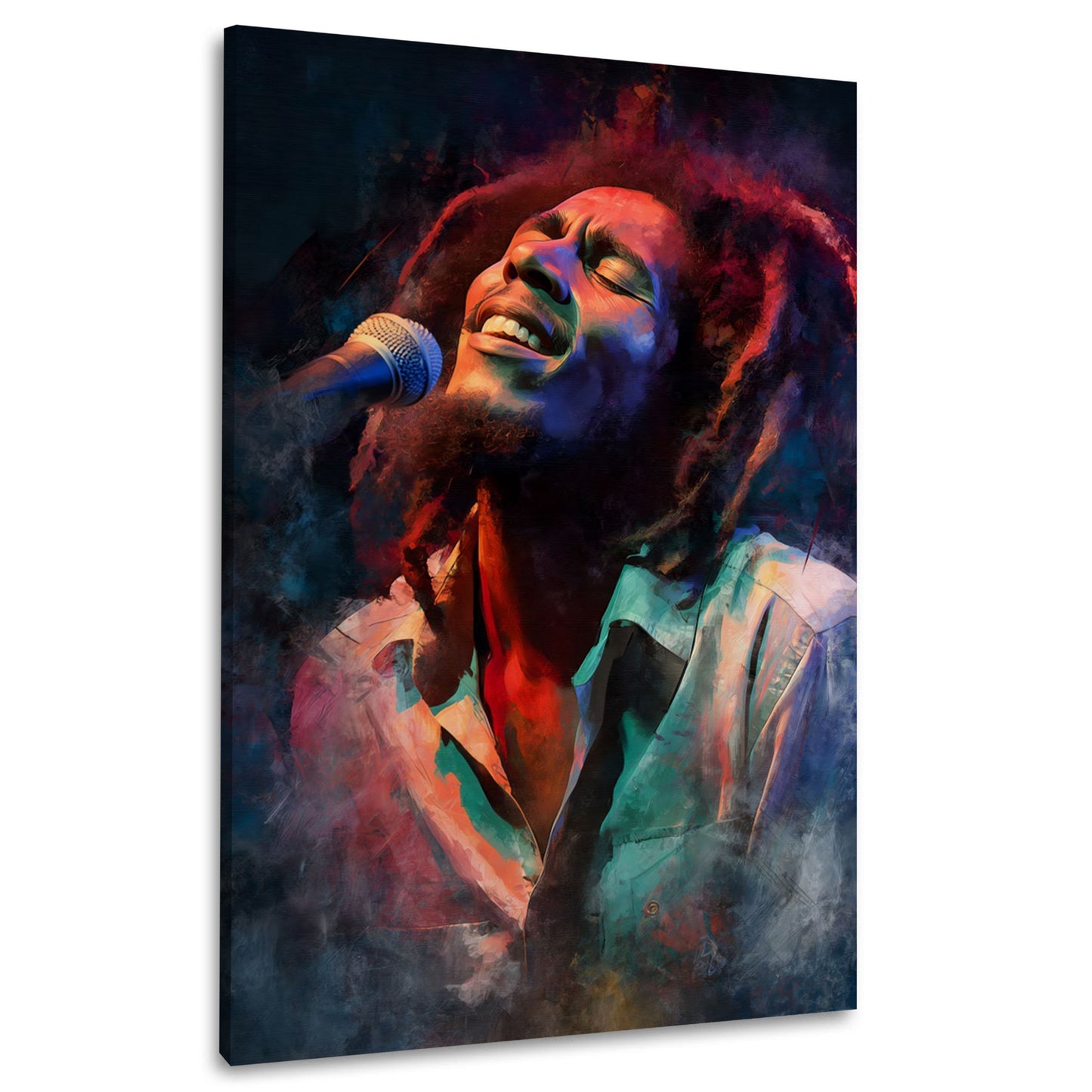 Marley cantante reggae microfono ritratto dreadlocks luce palco quadro