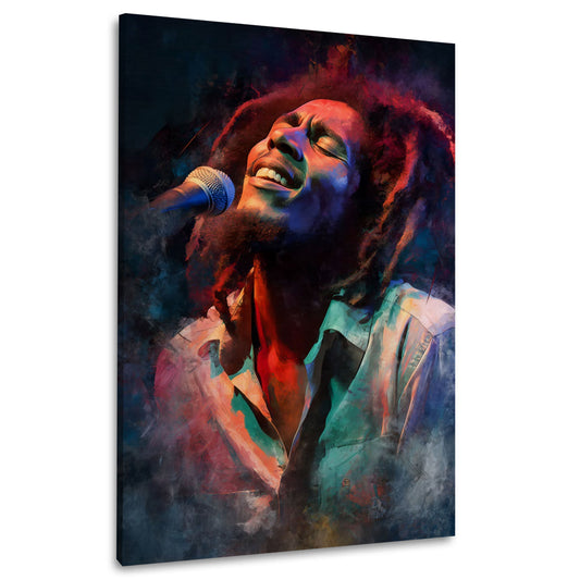 Marley cantante reggae microfono ritratto dreadlocks luce palco quadro