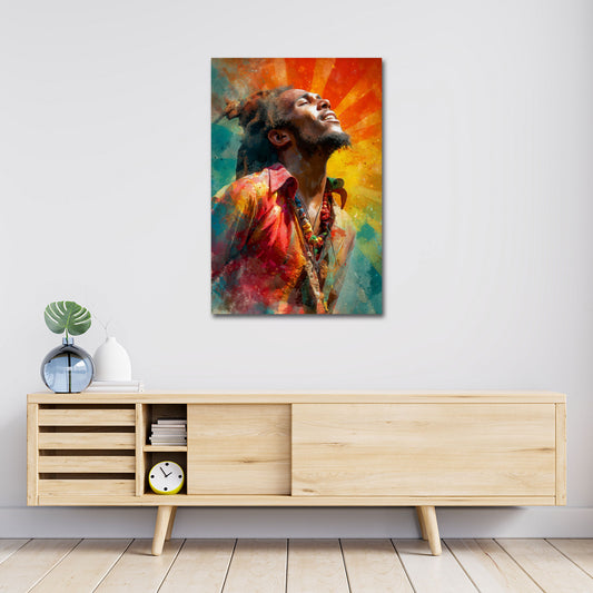 Marley ritratto musicista dreadlocks colori rastafari luce sole quadro