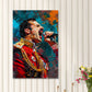Mercury cantante rock con giacca rossa sul palco quadro