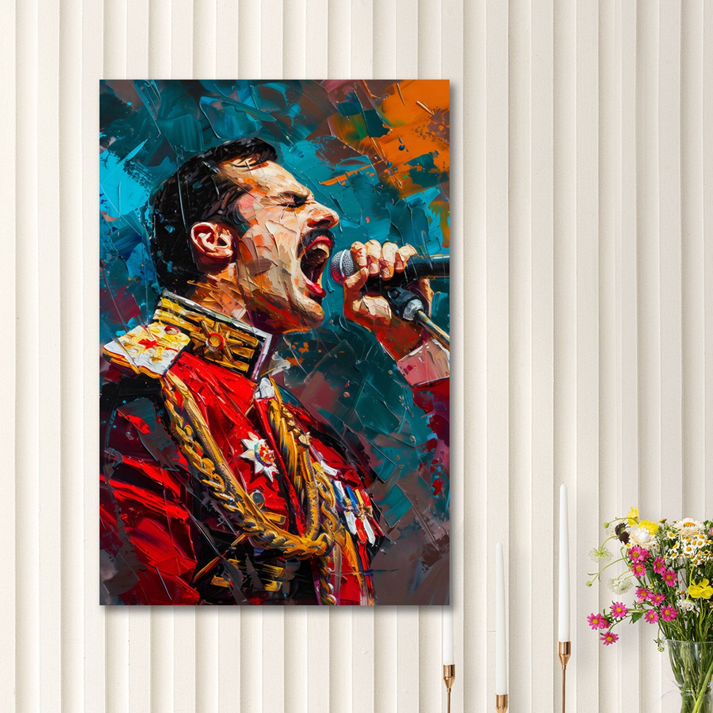 Mercury cantante rock con giacca rossa sul palco quadro