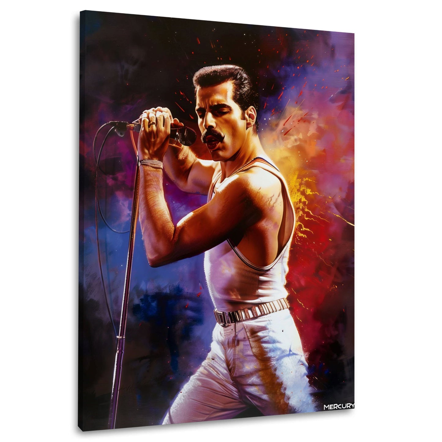 Mercury cantante rock con microfono e luci intense quadro