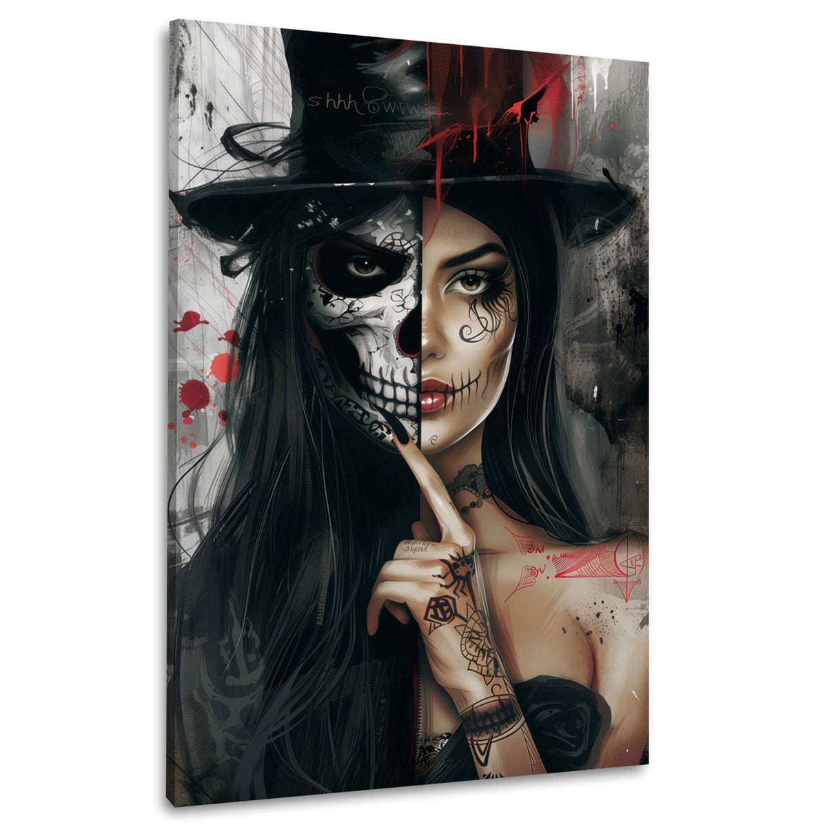 Metà teschio metà donna con cilindro in stile gothic quadro