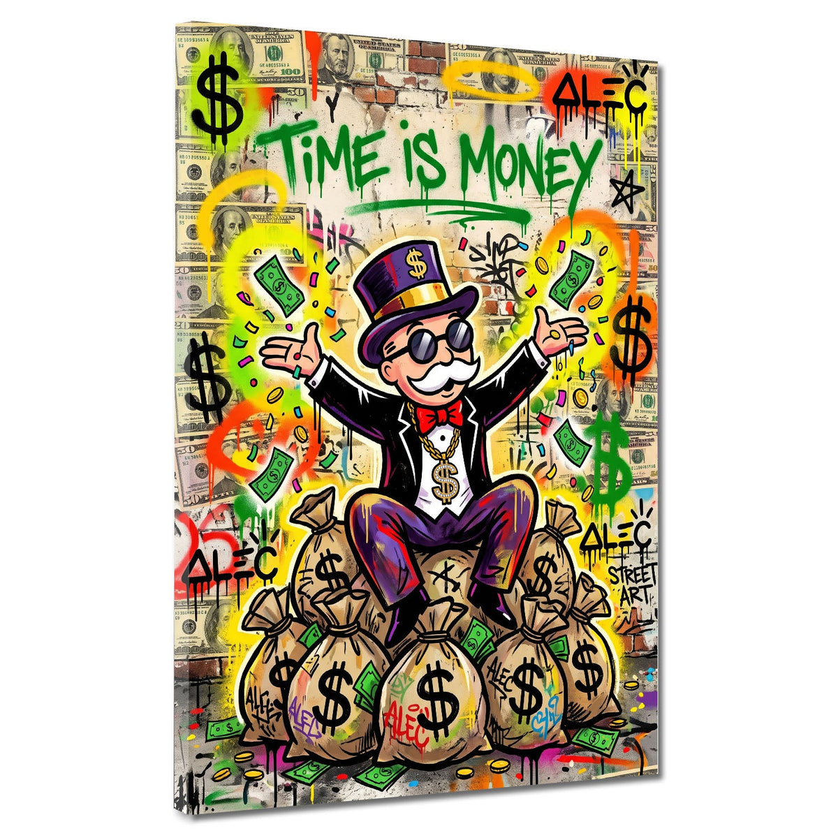 Milionario con cilindro sui sacchi di soldi Time is Money quadro