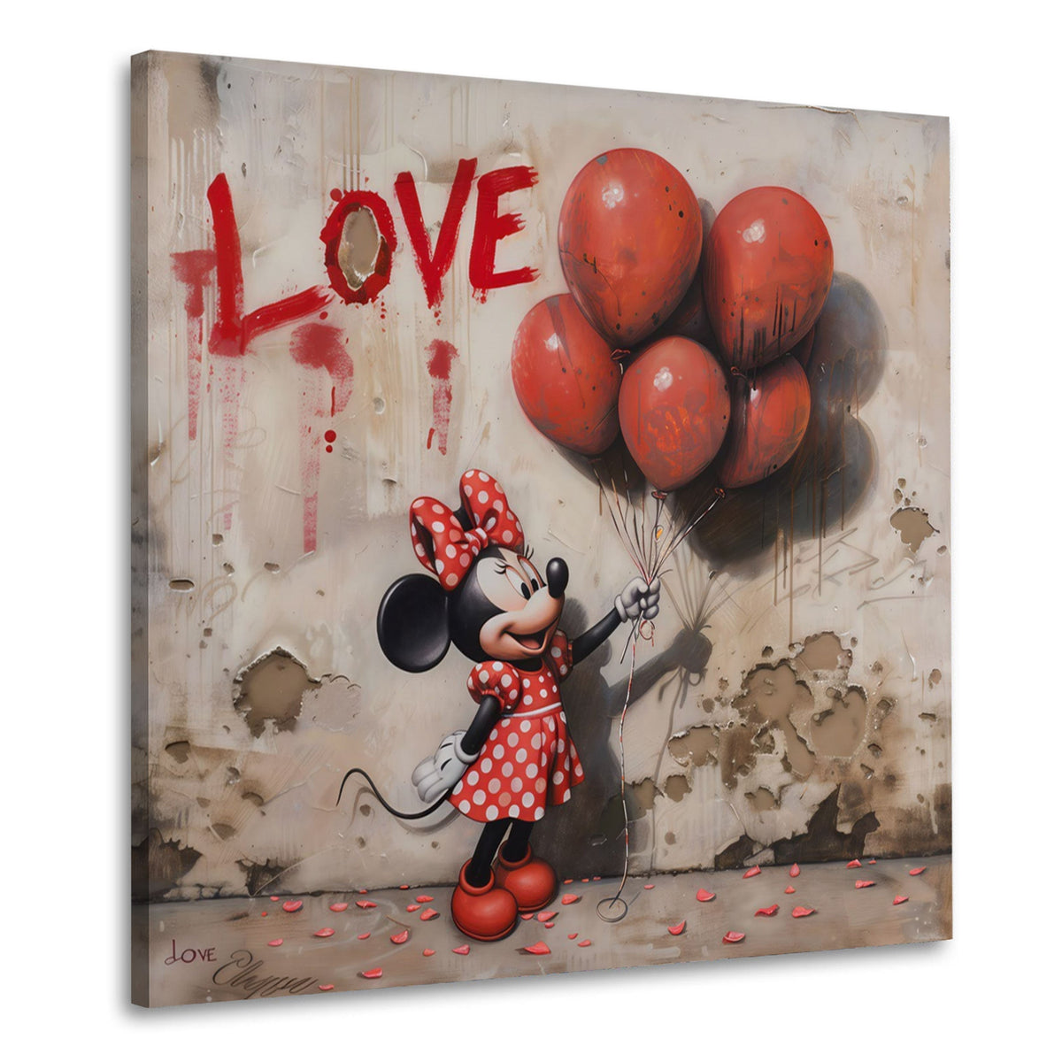 Topolina con palloncini rossi e scritta Love graffiti quadro
