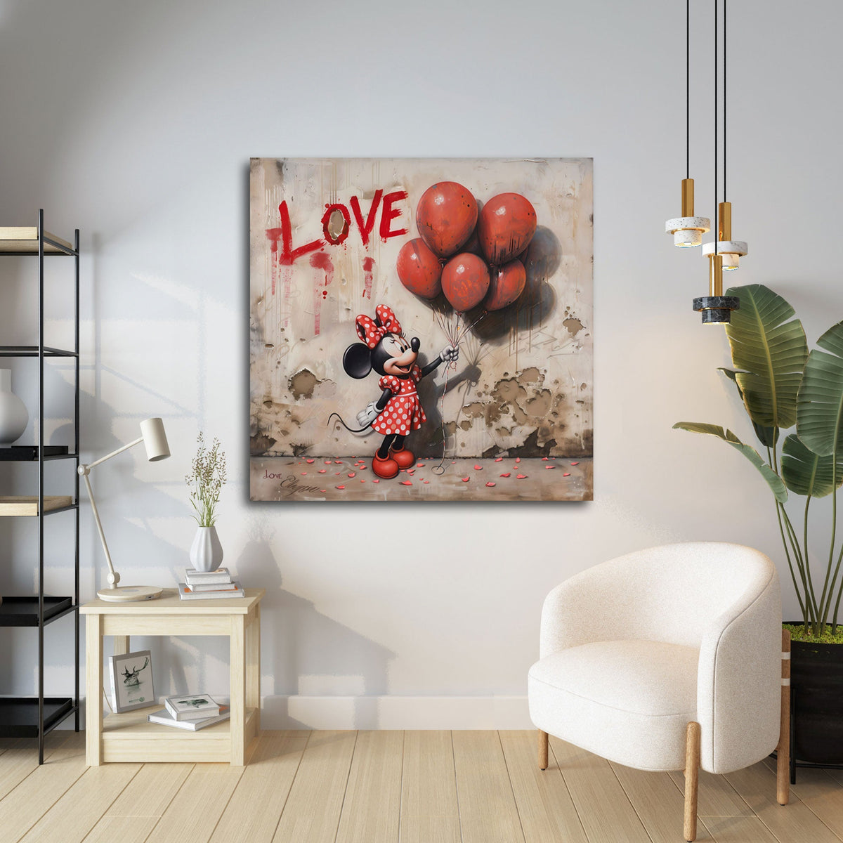 Topolina con palloncini rossi e scritta Love graffiti quadro