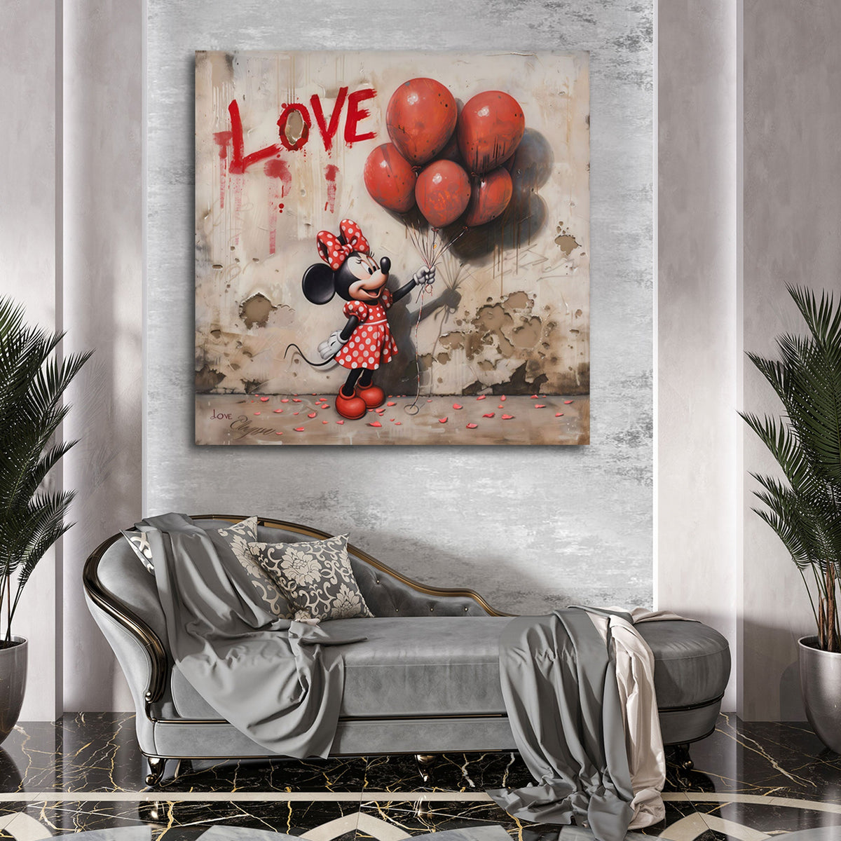 Topolina con palloncini rossi e scritta Love graffiti quadro