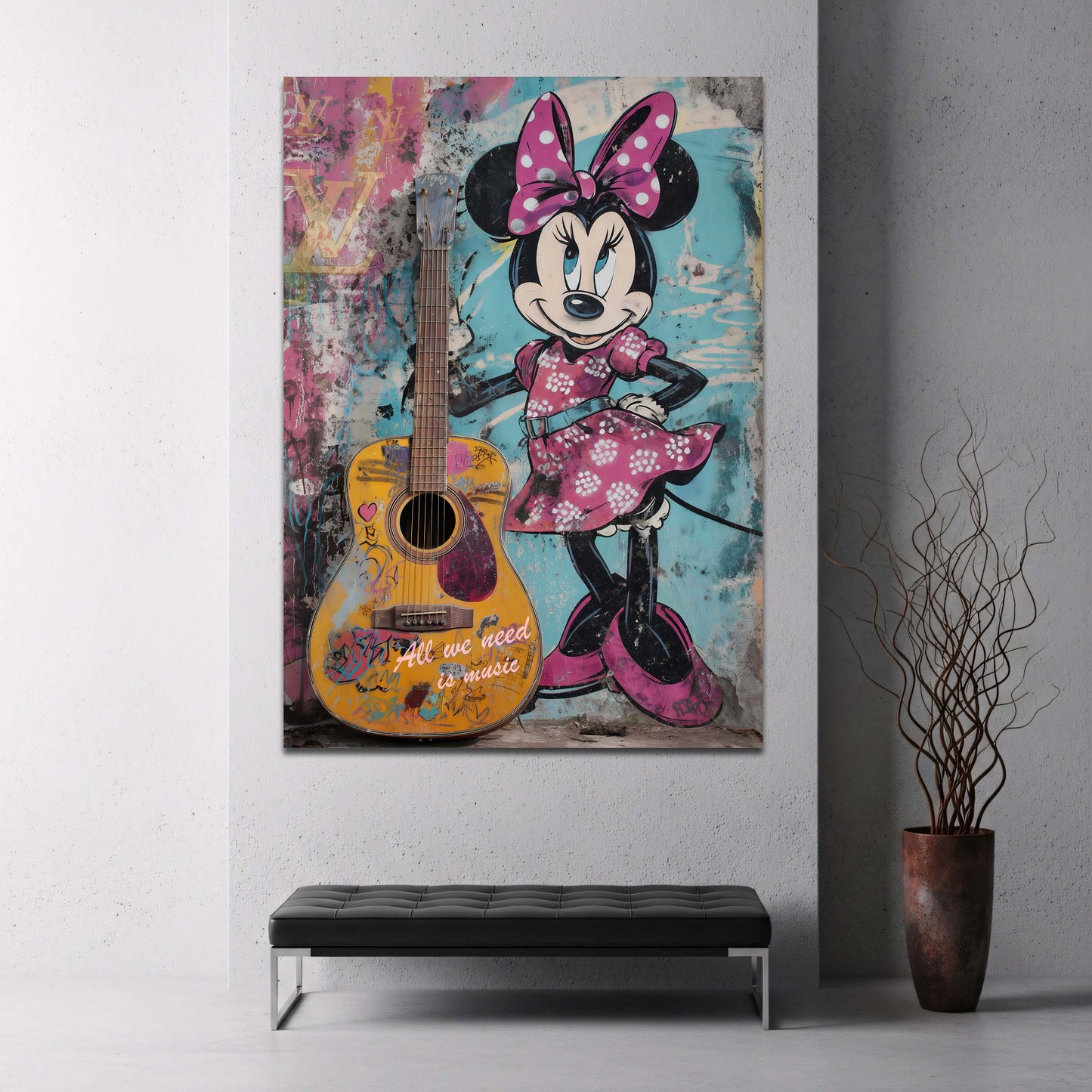 Minnie Mouse con chitarra su muro graffiti pop art quadro