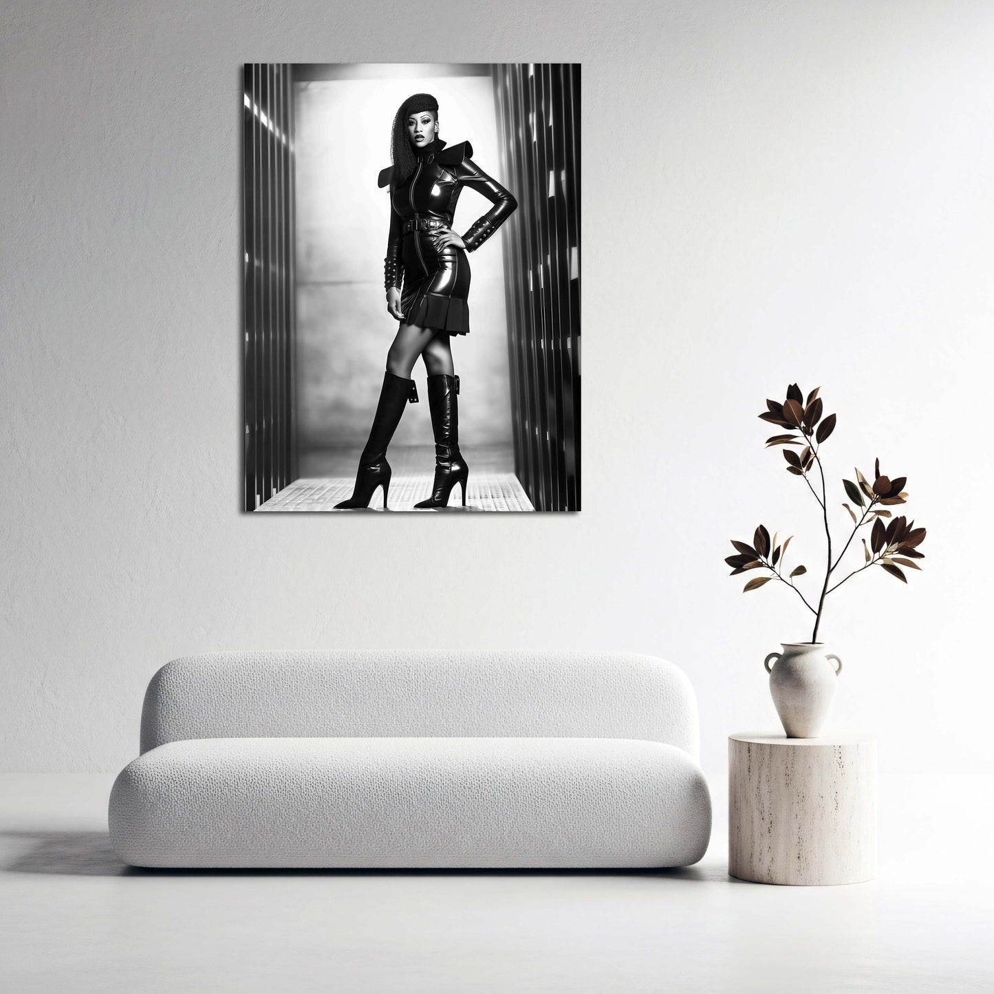 Moda futuristica donna in latex elegante bianco e nero quadro