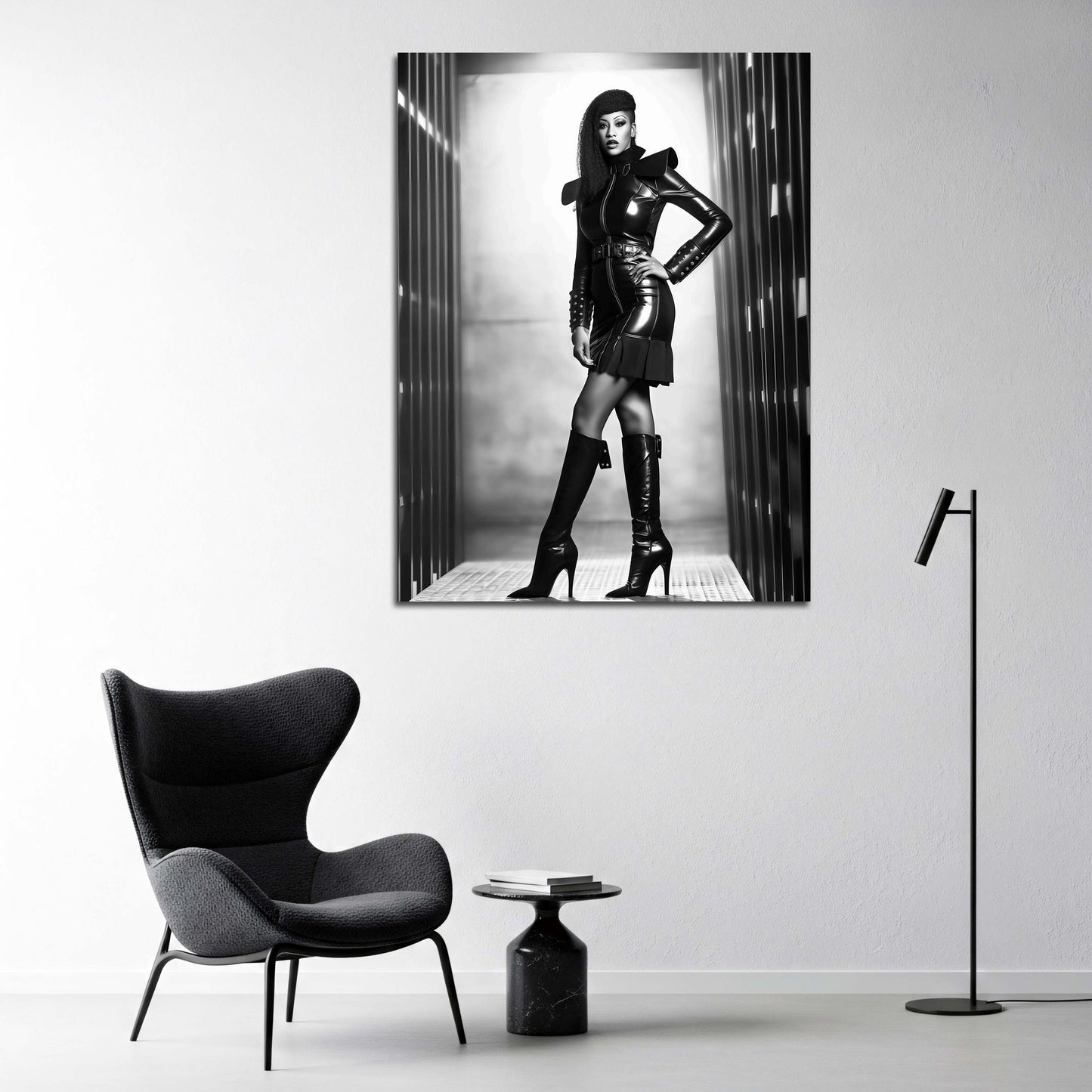 Moda futuristica donna in latex elegante bianco e nero quadro