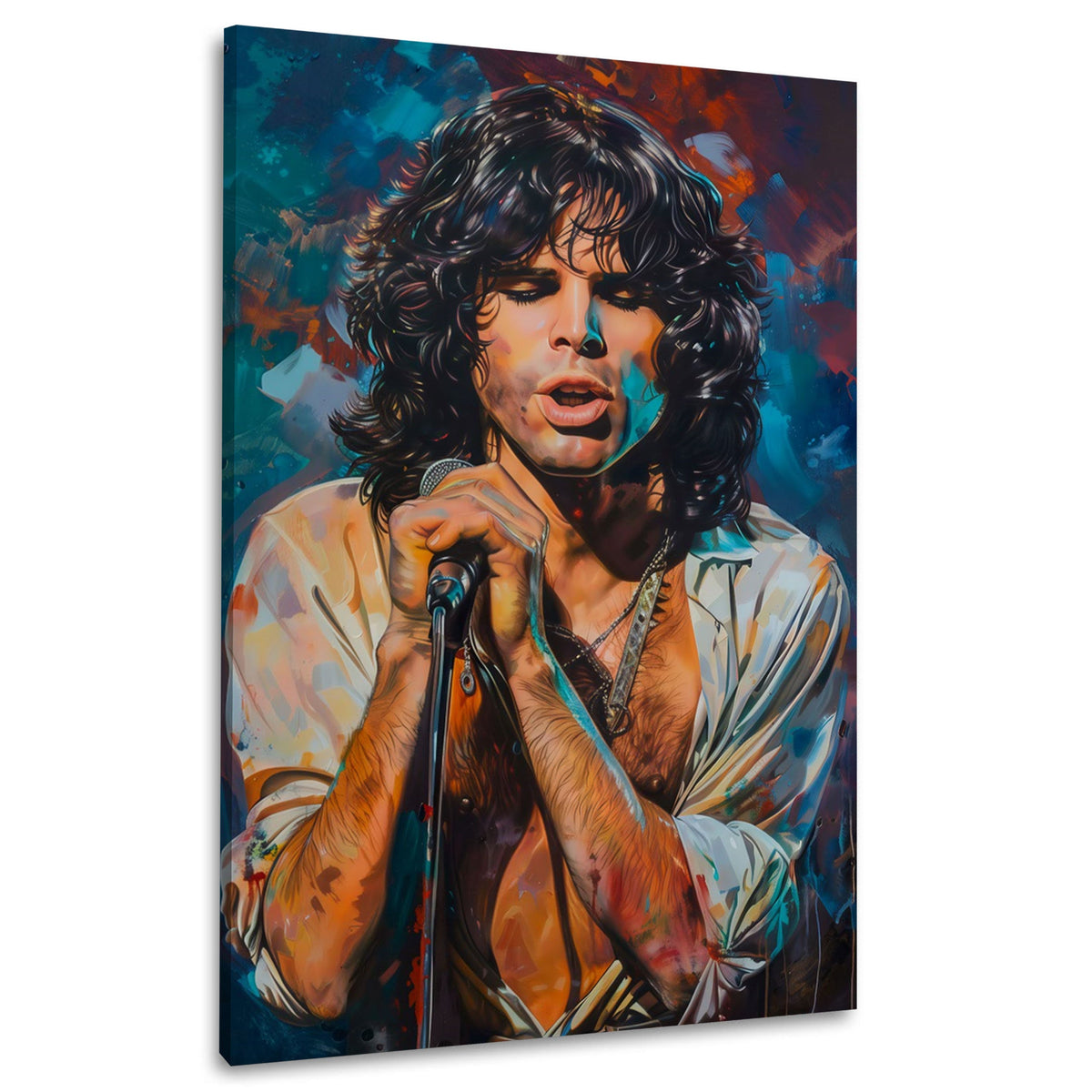 Morrison con microfono in ritratto espressivo e colorato quadro