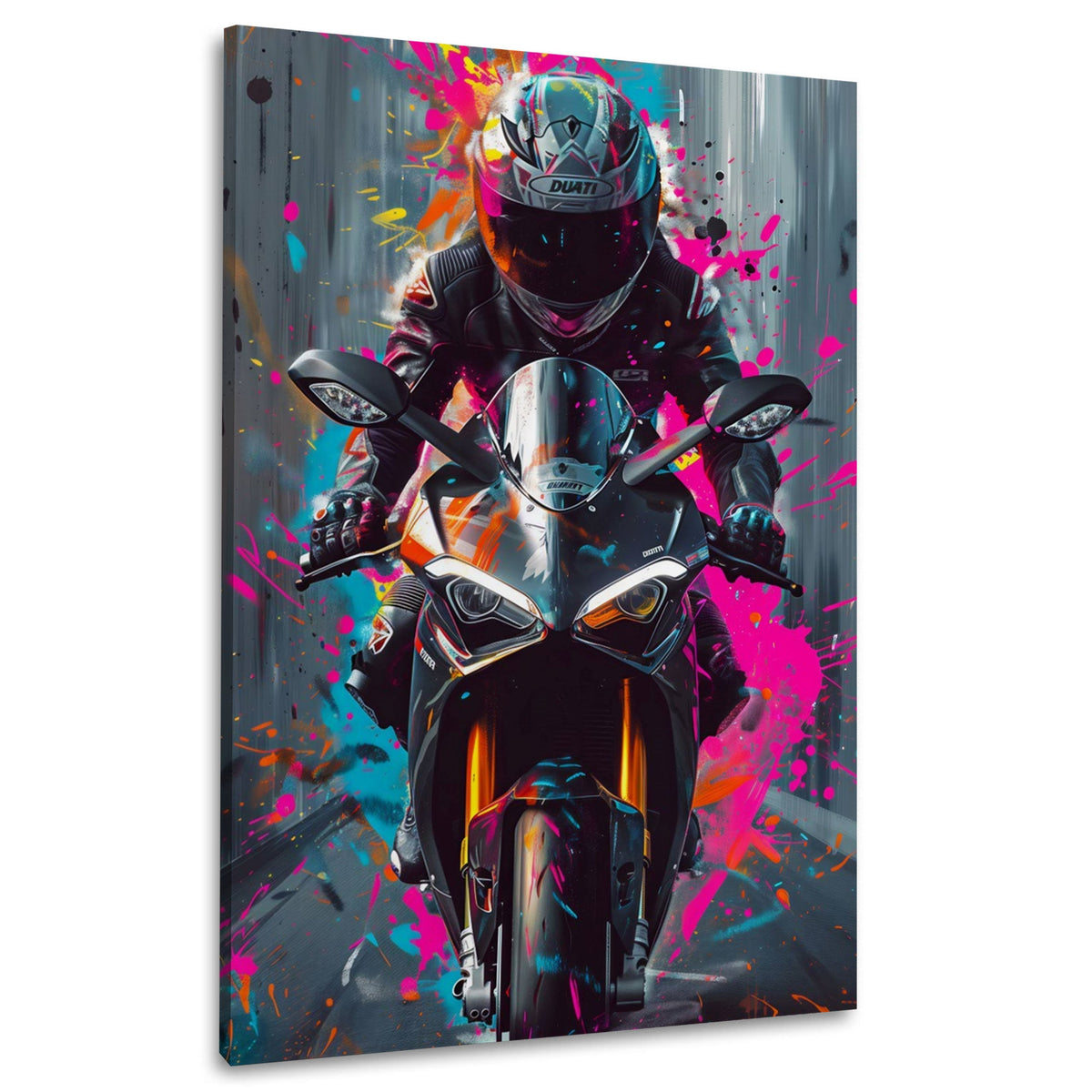 Moto Ducati frontale schizzi di colore rosa street art quadro