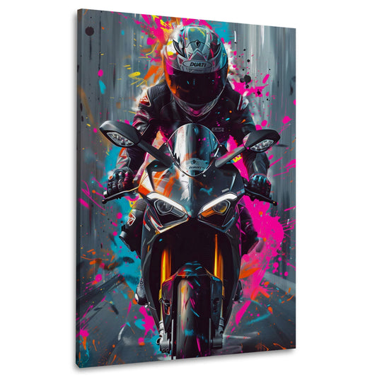 Moto Ducati frontale schizzi di colore rosa street art quadro