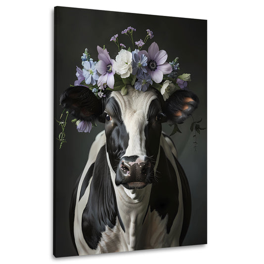 Mucca con corona di fiori sfondo scuro quadro