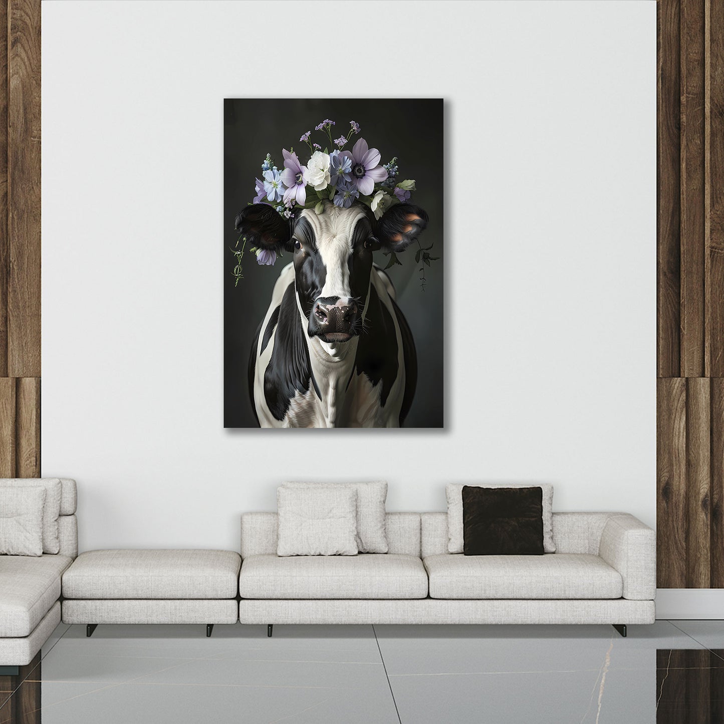 Mucca con corona di fiori sfondo scuro quadro