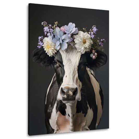 Mucca elegante bianco nera con fiori quadro