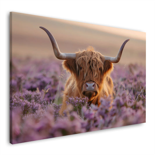 Mucca highland con grandi corna in un campo di erica viola quadro