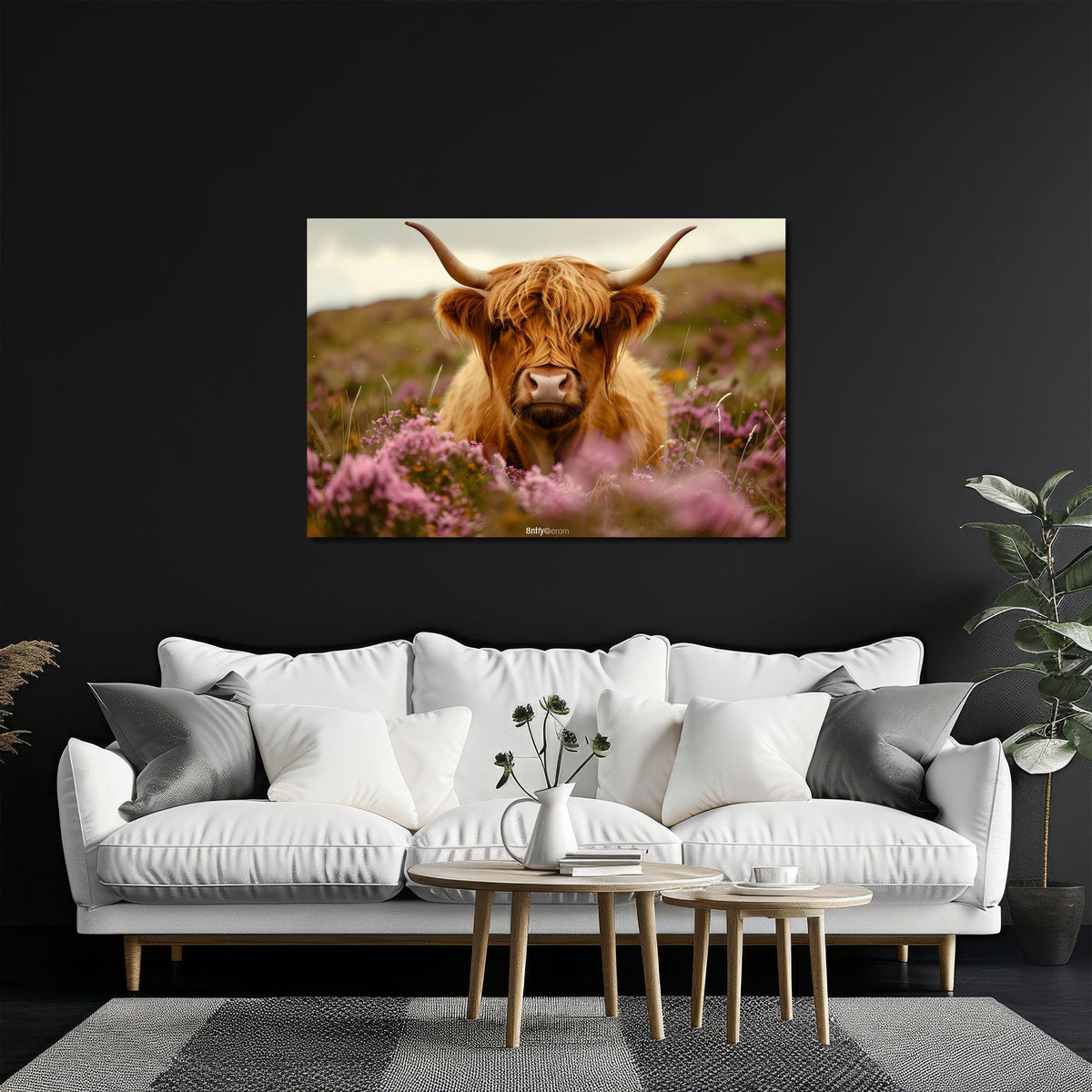 Quadro mucca highland brughiera in soggiorno