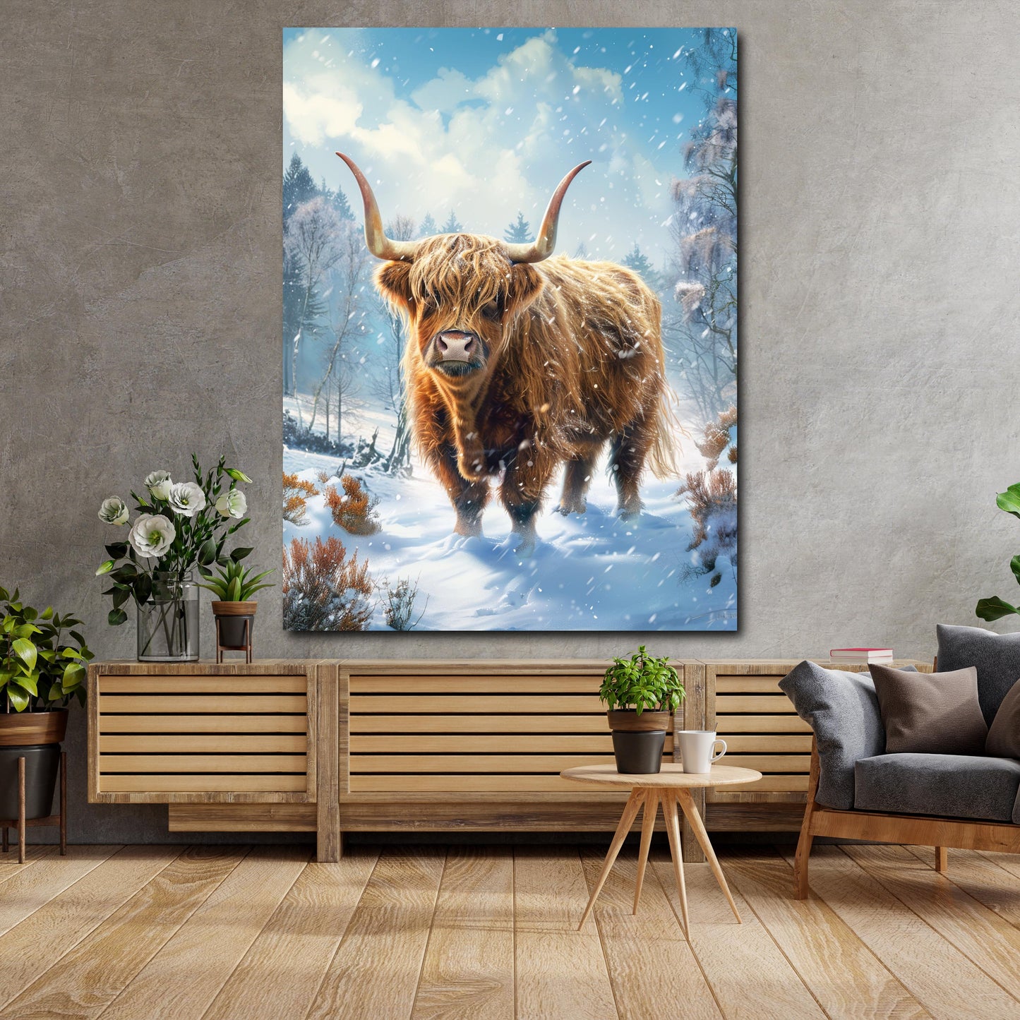 Mucca highland paesaggio innevato foresta quadro