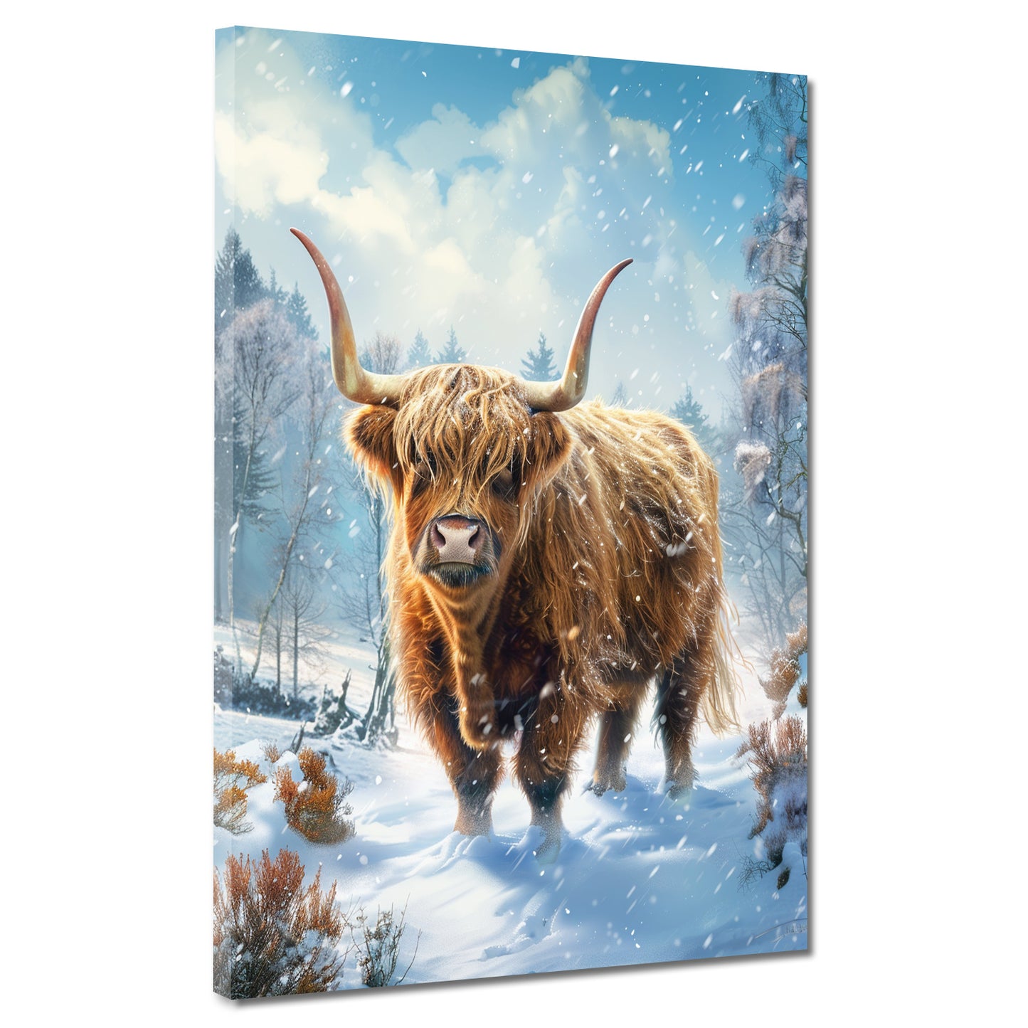 Mucca highland paesaggio innevato foresta quadro